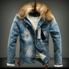 Load image into Gallery viewer, Men Faux Fur Hooded Button Denim Jacket