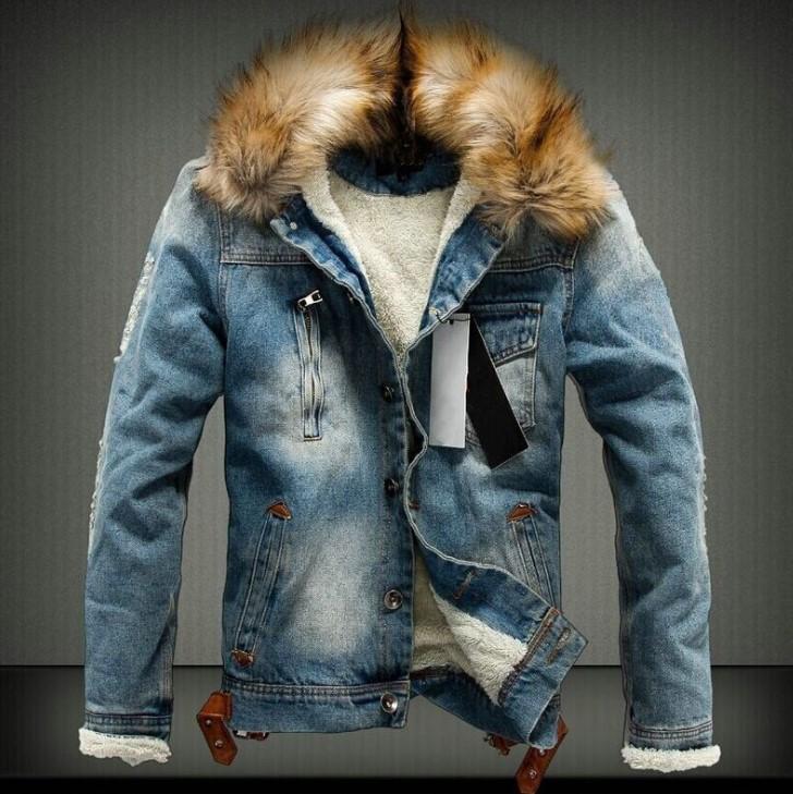 Men Faux Fur Hooded Button Denim Jacket