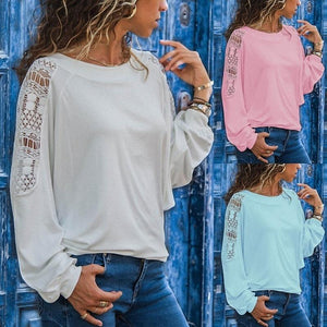 Round Neck Long Sleeve Lace Patchwork T-Shirts