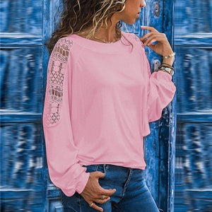 Round Neck Long Sleeve Lace Patchwork T-Shirts