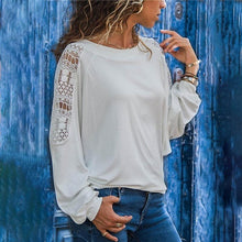 Load image into Gallery viewer, Round Neck Long Sleeve Lace Patchwork T-Shirts