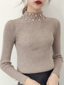 High Neck  Beading  Plain Knit Pullover