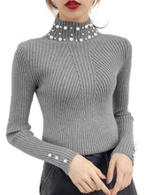 Load image into Gallery viewer, High Neck  Beading  Plain Knit Pullover