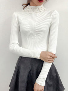 High Neck  Beading  Plain Knit Pullover