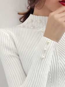 High Neck  Beading  Plain Knit Pullover