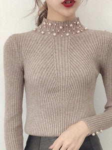 High Neck  Beading  Plain Knit Pullover