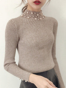 High Neck  Beading  Plain Knit Pullover