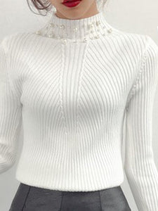 High Neck  Beading  Plain Knit Pullover