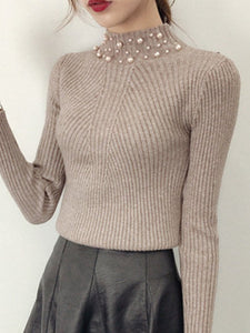 High Neck  Beading  Plain Knit Pullover