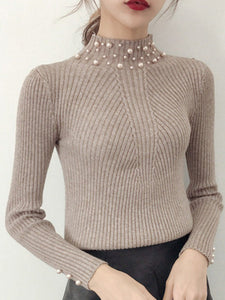 High Neck  Beading  Plain Knit Pullover