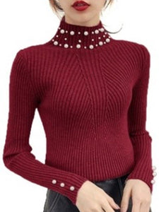 High Neck  Beading  Plain Knit Pullover