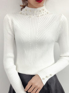 High Neck  Beading  Plain Knit Pullover