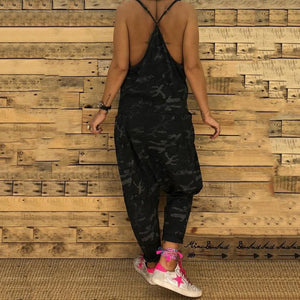 Sexy V Collar Sling Camouflage Loose Jumpsuit