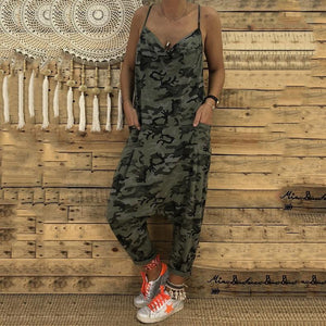 Sexy V Collar Sling Camouflage Loose Jumpsuit