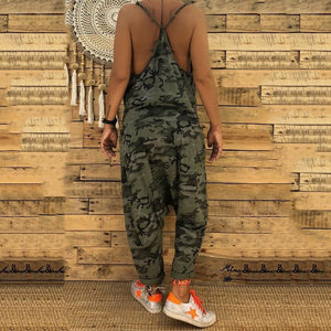 Sexy V Collar Sling Camouflage Loose Jumpsuit