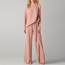 Load image into Gallery viewer, Fashion Round Neck Plain Asymmetrical Belt Bell-Bottoms Jumpsuits