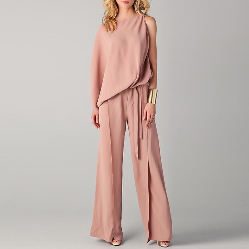 Fashion Round Neck Plain Asymmetrical Belt Bell-Bottoms Jumpsuits