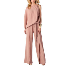 Load image into Gallery viewer, Fashion Round Neck Plain Asymmetrical Belt Bell-Bottoms Jumpsuits