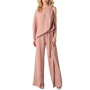 Fashion Round Neck Plain Asymmetrical Belt Bell-Bottoms Jumpsuits