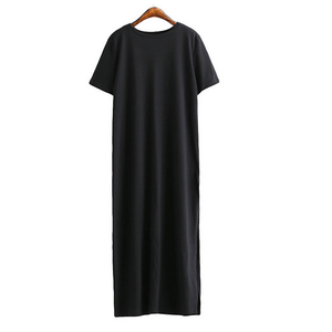 Fashion Round Collar Loose Plain Slit Maxi Dress