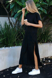 Fashion Round Collar Loose Plain Slit Maxi Dress