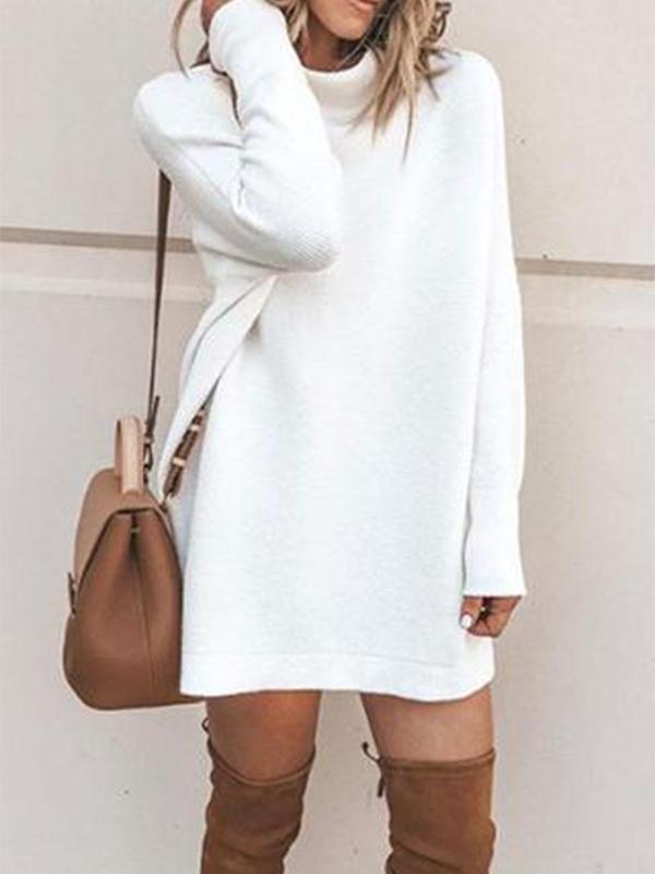 High Neck  Plain  Long Sleeve Casual Dresses