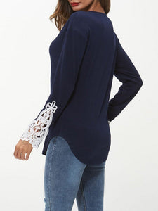 Autumn Winter  Women  Round Neck  Decorative Lace  Decorative Button  Plain Long Sleeve T-Shirts