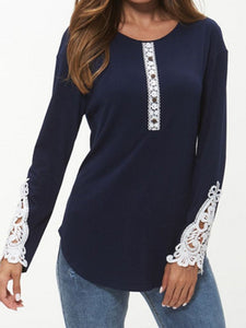Autumn Winter  Women  Round Neck  Decorative Lace  Decorative Button  Plain Long Sleeve T-Shirts