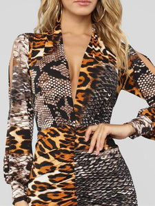 Deep V-Neck  Animal Printed Bodycon Dress