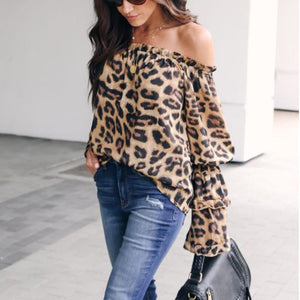 Leopard Printed Off Shoulder Flare Long Sleeve Sexy Blouses