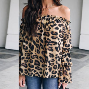 Leopard Printed Off Shoulder Flare Long Sleeve Sexy Blouses