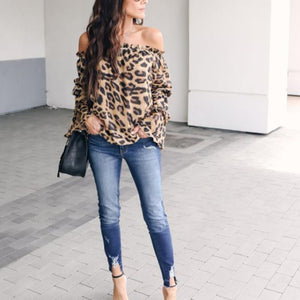 Leopard Printed Off Shoulder Flare Long Sleeve Sexy Blouses