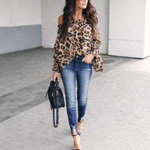 Leopard Printed Off Shoulder Flare Long Sleeve Sexy Blouses