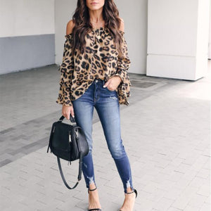 Leopard Printed Off Shoulder Flare Long Sleeve Sexy Blouses