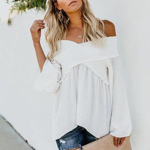 Elastic Off Shoulder Long Flare Sleeve Plain Pleated Loose T-Shirts