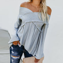 Load image into Gallery viewer, Elastic Off Shoulder Long Flare Sleeve Plain Pleated Loose T-Shirts