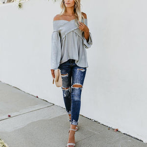 Elastic Off Shoulder Long Flare Sleeve Plain Pleated Loose T-Shirts