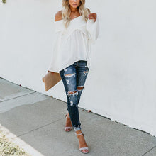 Load image into Gallery viewer, Elastic Off Shoulder Long Flare Sleeve Plain Pleated Loose T-Shirts