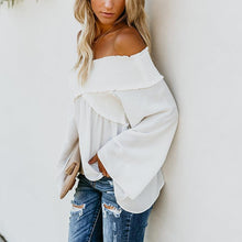 Load image into Gallery viewer, Elastic Off Shoulder Long Flare Sleeve Plain Pleated Loose T-Shirts