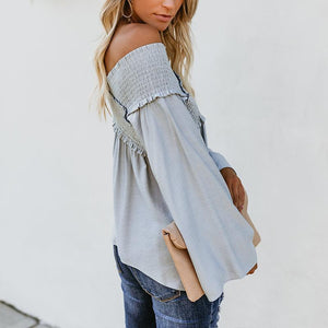 Elastic Off Shoulder Long Flare Sleeve Plain Pleated Loose T-Shirts