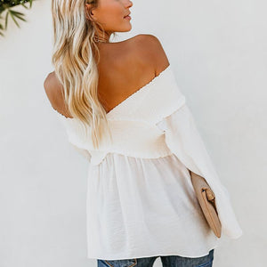 Elastic Off Shoulder Long Flare Sleeve Plain Pleated Loose T-Shirts