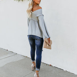 Elastic Off Shoulder Long Flare Sleeve Plain Pleated Loose T-Shirts