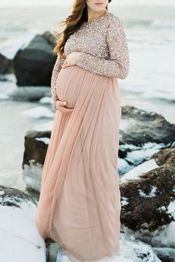 Maternity Long Sleeve Party Dress Gown Sequins Baby Shower Dress