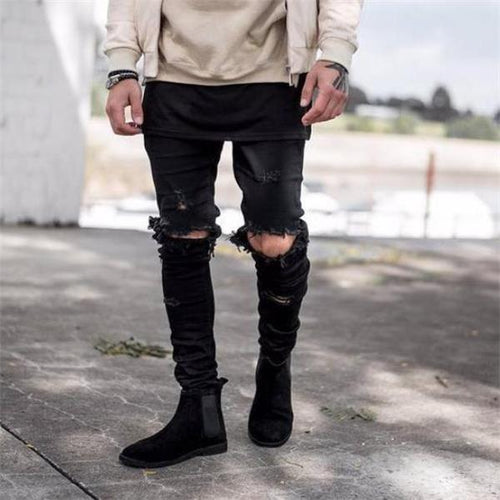 Youth Casual Cool Loose Solid Color Hole Denim Pants