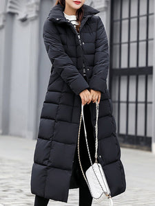 Hooded  Fur Collar  Belt  Plain Coat