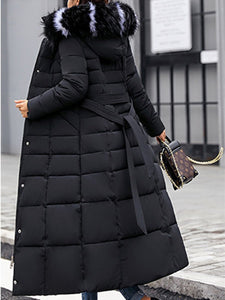 Hooded  Fur Collar  Belt  Plain Coat