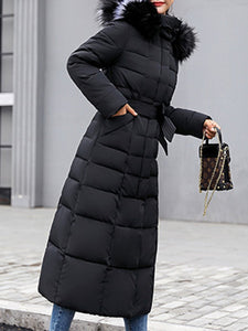 Hooded  Fur Collar  Belt  Plain Coat