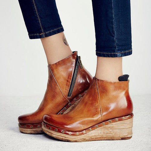 Fashion Leather Slope Heel Boots