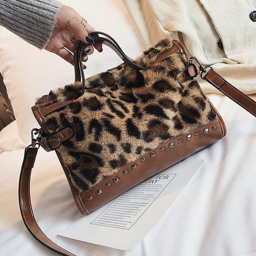Leopard Print Plush Versatile Handbag With Single Shoulder Messenger Bag