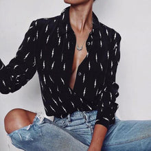 Load image into Gallery viewer, Lapel Collar Sexy Blouses Black And White Printed Tops